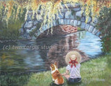 Artwork Corgi Matted Print 8 x 10 from the Painting A DAY BY THE STONE BRIDGE