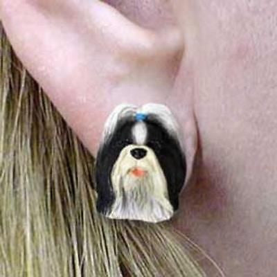 Post Style SHIH TZU B/W Resin Dog Head Post Earrings