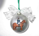 Artist Painted HORSE/RIDER CHESTNUT Horse Silver 3" Ball Christmas Ornament