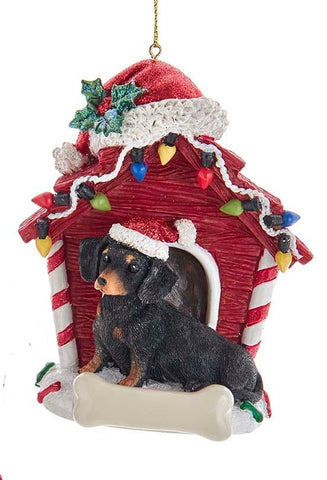 Cute DACHSHUND BLACK in Red Dog House Resin Xmas Ornament