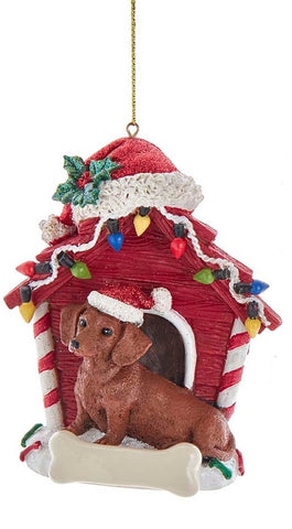 Cute DACHSHUND RED in Red Dog House Resin Xmas Ornament