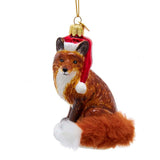 Blown Glass RED FOX w/Santa Hat & Bushy Tail Christmas Ornament