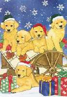 Ten Cards Pack GOLDEN PUPPIES In Cart Dog Breed Christmas Cards USA made
