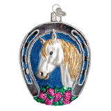 Old World Christmas WHITE HORSE in HORSESHOE Blown Glass Ornament Retired 2019