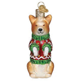 Old World Christmas WELSH CORGI w/Sweater Blown Glass Dog Ornament