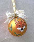 Artist Painted RED FOX MASK FACE 3" Gold Ball Christmas Ornament GORGEOUS!