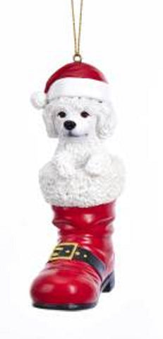 Santa Boot POODLE WHITE Dog Breed Resin Christmas Ornament
