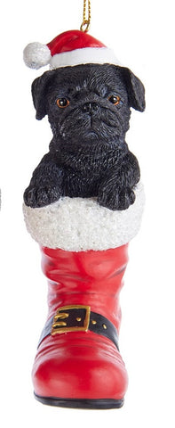 Santa Boot PUG BLACK Dog Breed Resin Christmas Ornament